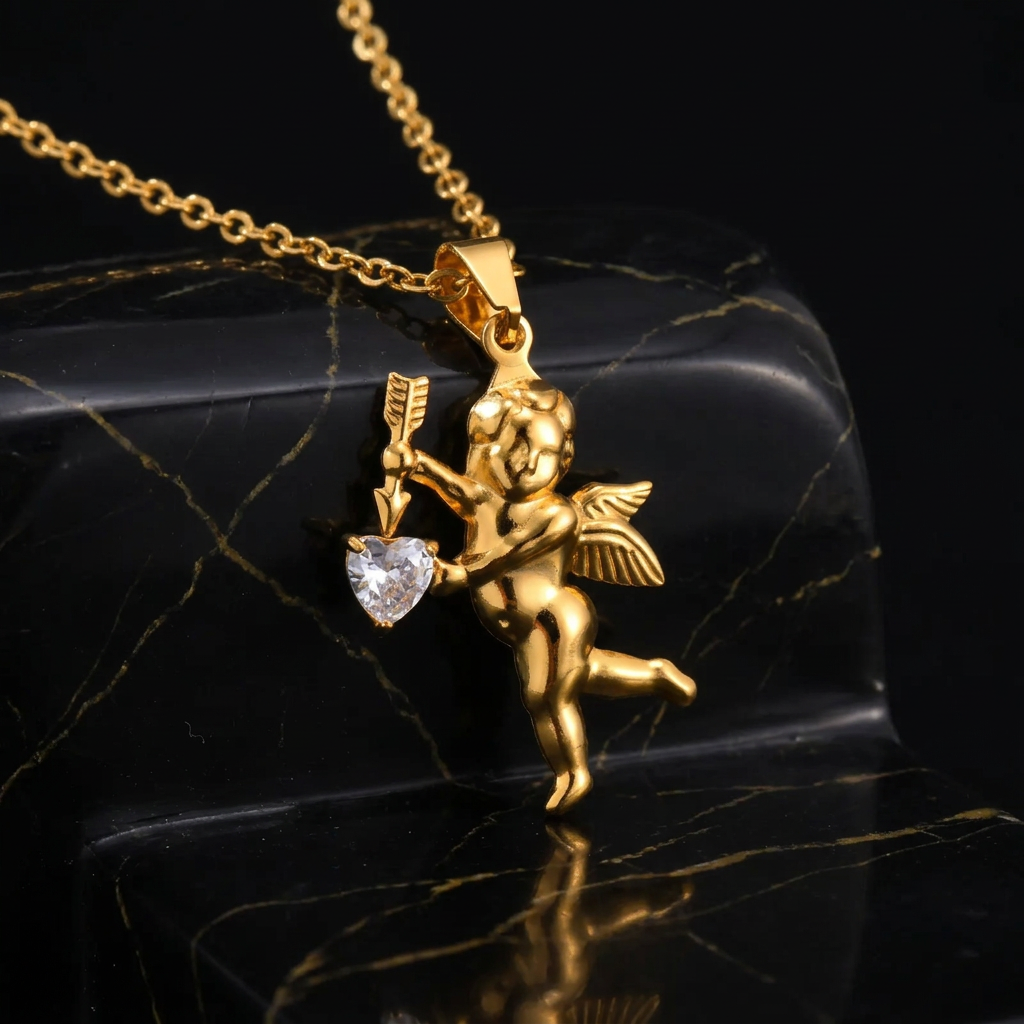 Cupid pendant detail in Cartel magazine style