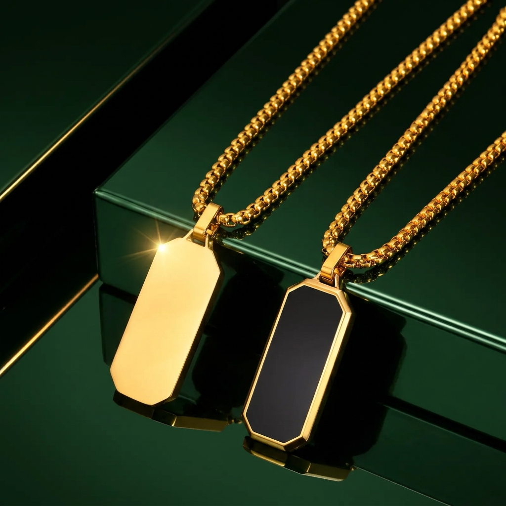 Gold pendants on dark-green polished metal