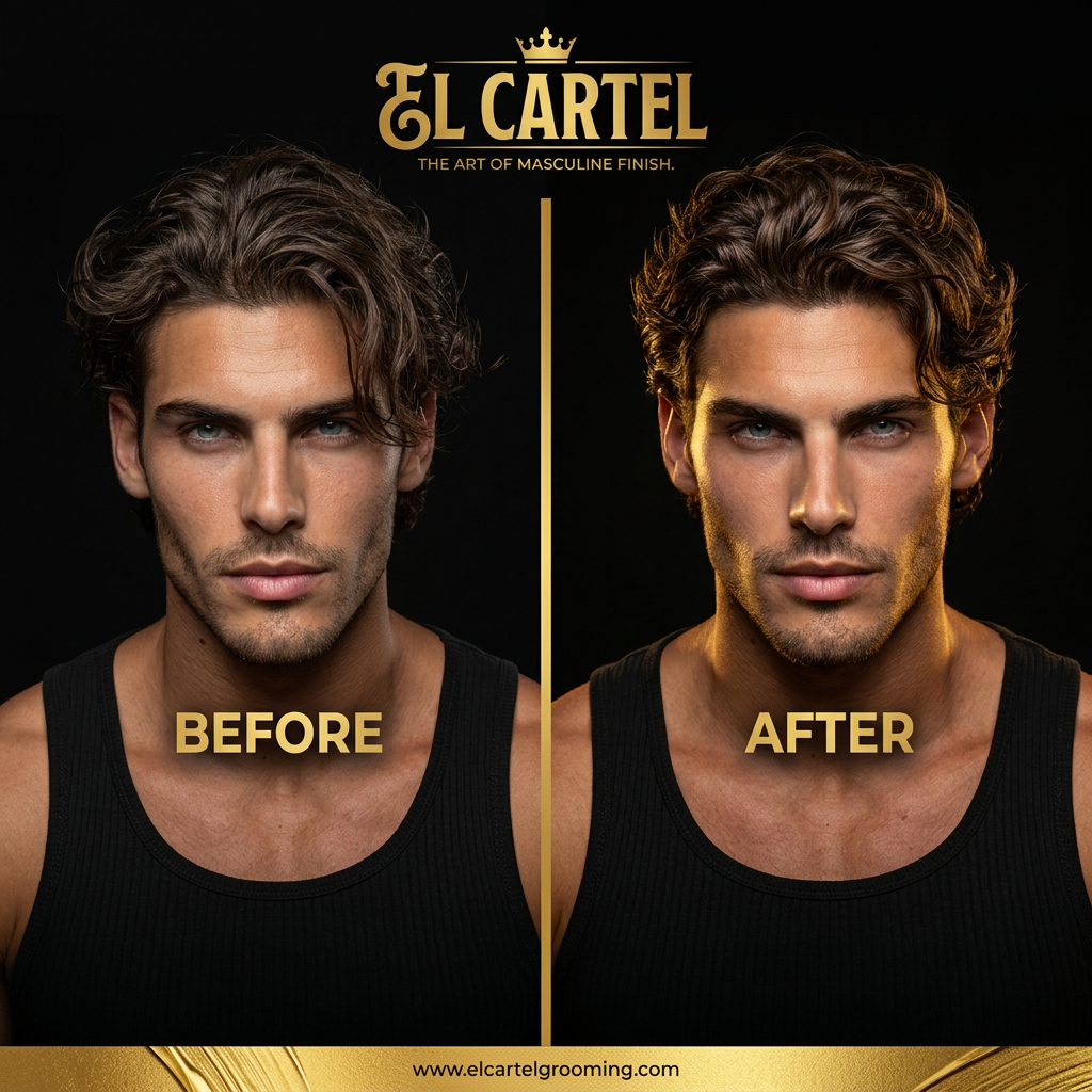 Men's hair styling before and after transformation using El Cartel Men wax