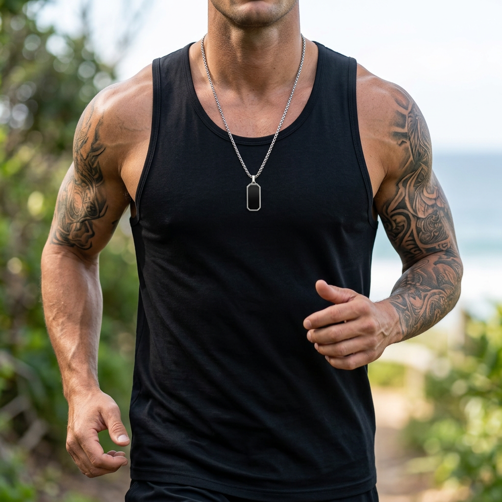 Leaner athletic runner in a relaxed outdoor jog, wearing the small silver pendant and black singlet