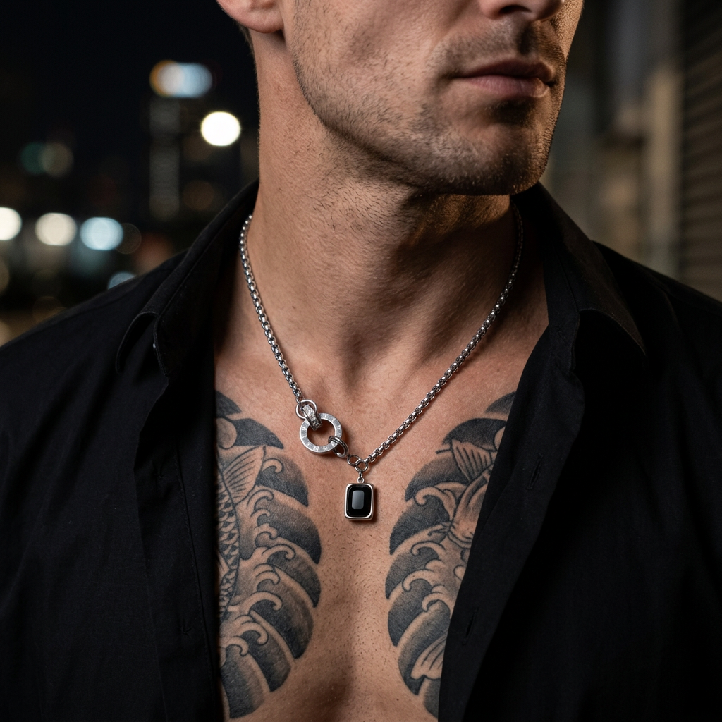 Male model with black shirt, Japanese-inspired chest tattoo and city-night background wearing the necklace