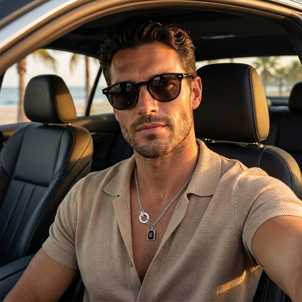 Same model and beach-car setting with a much smaller necklace