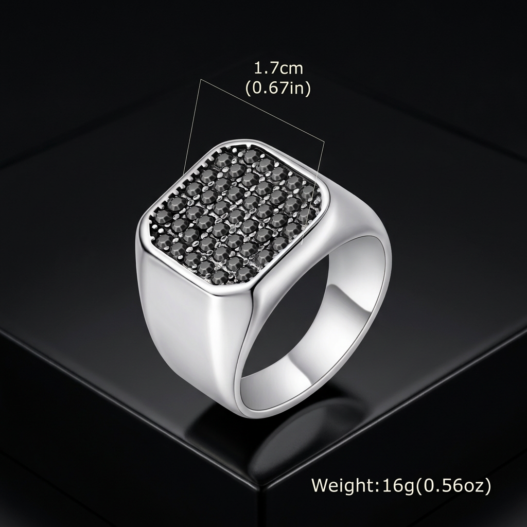 Silver ring on polished black metal with luxury magazine lighting