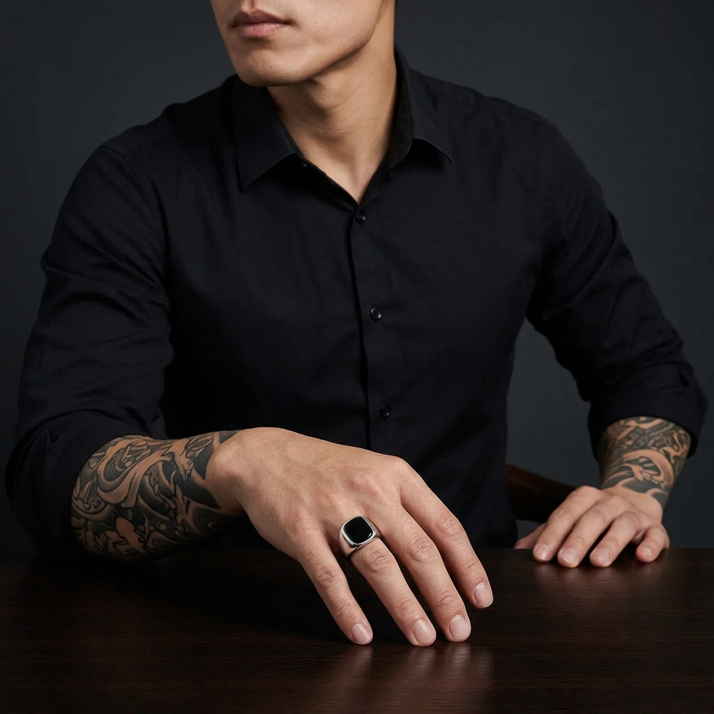 Tattooed Asian male model showcasing the silver black-stone ring