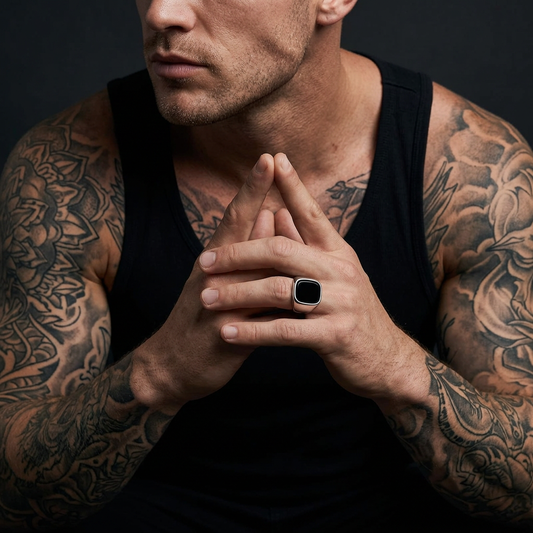 Tattooed male in a black singlet showcasing the black-stone silver ring