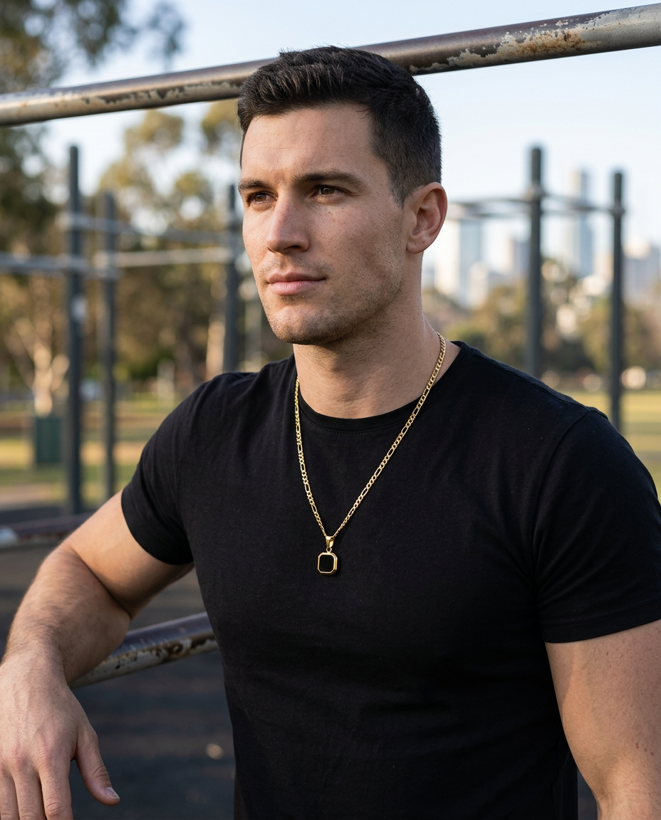 Man in a black t-shirt at an outdoor calisthenics park wearing El Bloque gold black square pendant on a gold Figaro chain