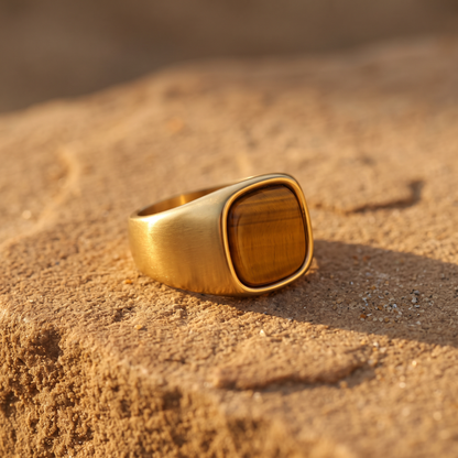 El Patrón Sol gold stone inlay signet ring