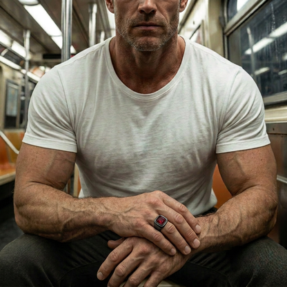 Approved subway pose with the referenced gunmetal red-stone ring