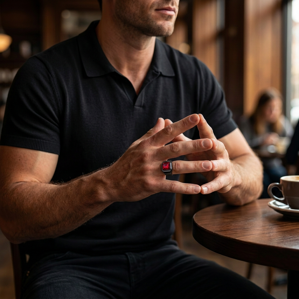 Café portrait with black polo and gunmetal red-stone ring