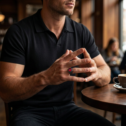 Café portrait with black polo and gunmetal red-stone ring