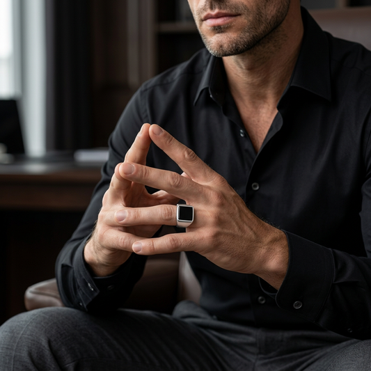 Elegant seated man with fingertips meeting and silver signet ring angled toward the camera