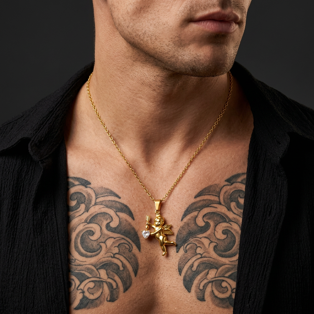 Gold cupid necklace on a tattooed male chest with black shirt and strong jawline