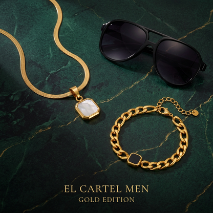 Gold-tone pendant necklace with a pale stone, gold-tone black-centre bracelet and black aviator sunglasses on dark emerald marble.