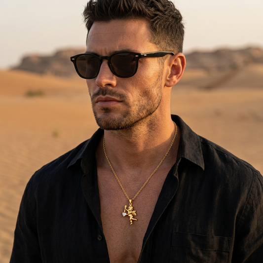 Male model wearing the gold cupid necklace, black shirt and sunglasses in desert scenery