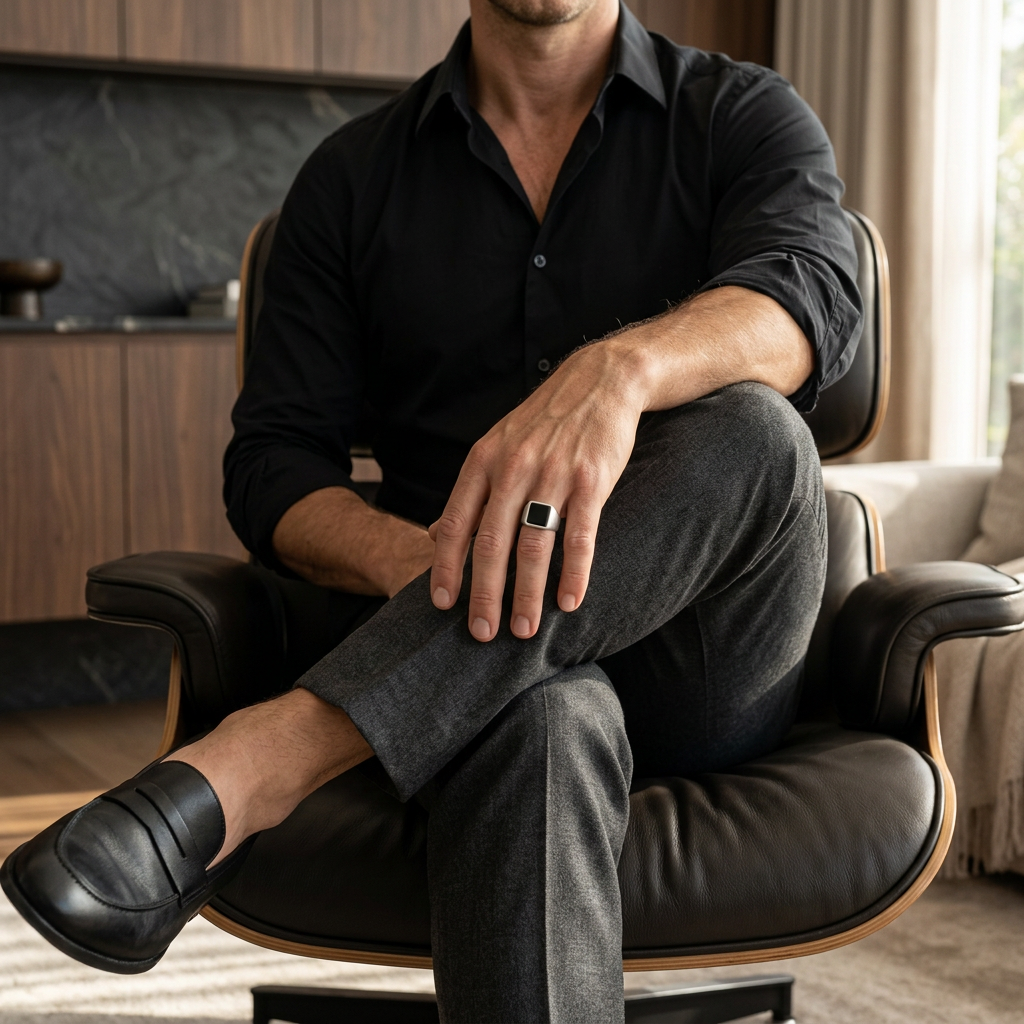 Man seated with crossed legs in a luxury home wearing the silver signet ring
