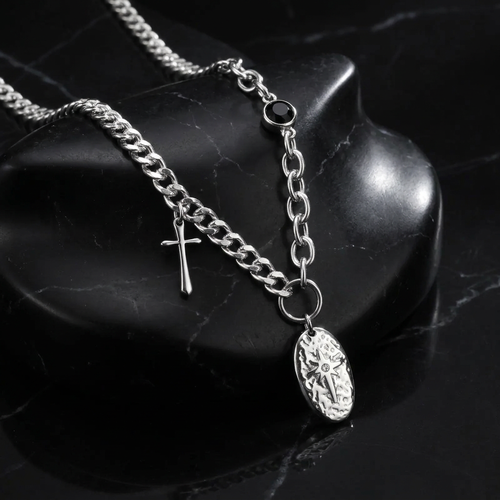 Silver pendant close-up on black marble