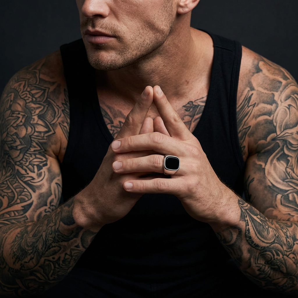 Tattooed male in a black singlet showcasing the black-stone silver ring